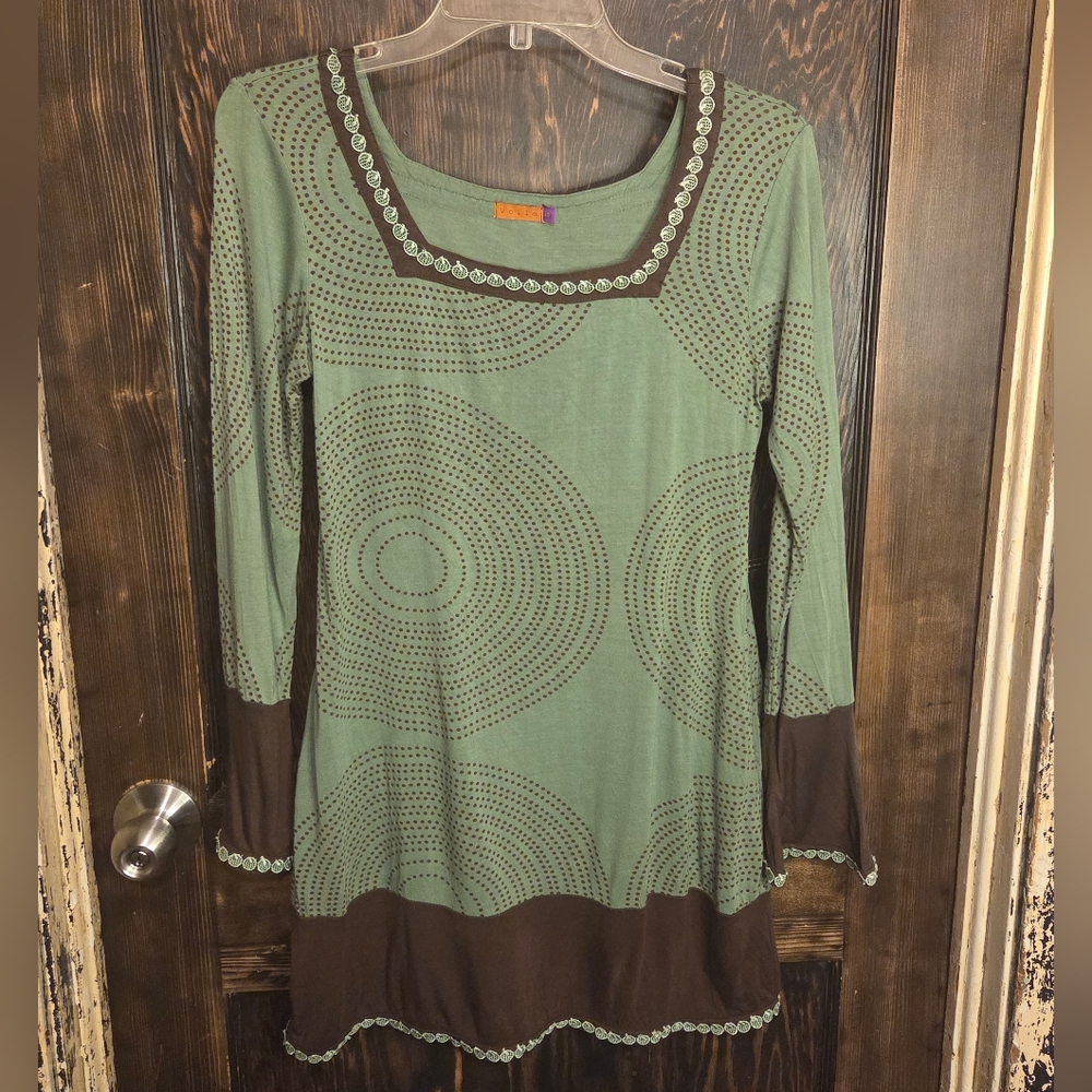 Green and Brown Patterned Long Sleeved Mini Dress 'VOILE'